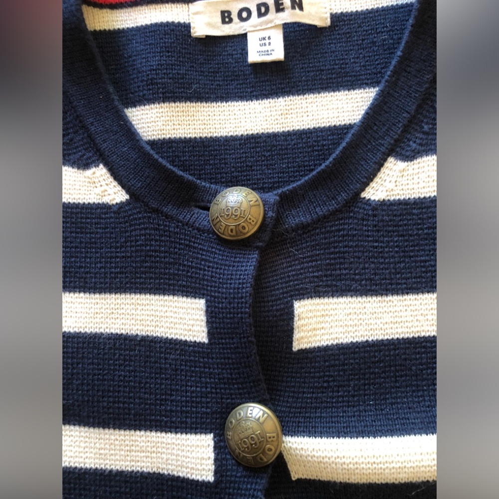 Boden Holly knitted jacket Navy & Cream Striped Button-Front Cardigan US size 2 - Picture 3 of 5